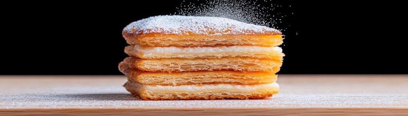 Fototapeta premium Freshly Baked Pastry Layers with Powdered Sugar on a Wooden Surface Against Dark Background