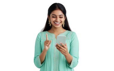 Excited Indian woman in a mint green kurta holding a smartphone horizontally, pointing at the screen with a joyful expression, set against a white background.

