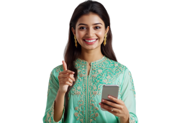 Excited Indian woman in a mint green kurta holding a smartphone horizontally, pointing at the screen with a joyful expression, set against a white background.


