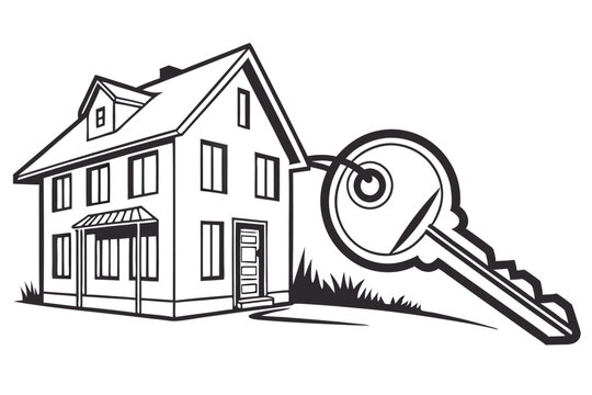recommend clip art: House and key, logo style, minimalist black color line art white background A.eps