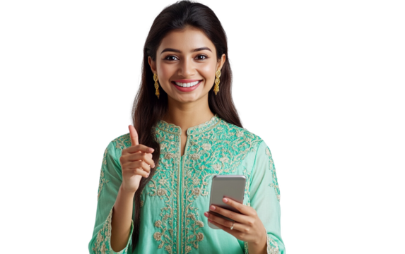 Excited Indian woman in a mint green kurta holding a smartphone horizontally, pointing at the screen with a joyful expression, set against a white background.

