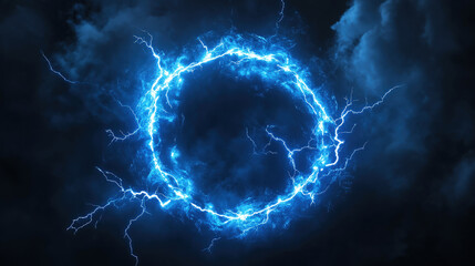 Obraz premium A powerful, glowing blue energy circle or portal with lightning-like electrical discharges against a dark, cloudy background. Represents power, energy, technology, or a supernatural phenomenon.