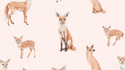 Obraz premium Watercolor seamless pattern with deer and foxes on pink background.