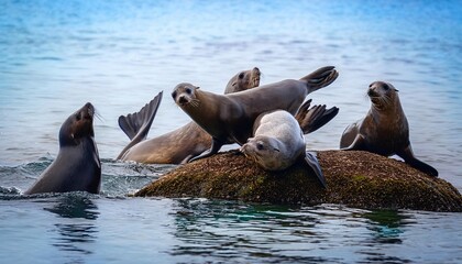Fototapeta premium Sea Lions on Rock Ocean Wildlife California Coast Marine Mammals