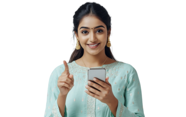 Excited Indian woman in a mint green kurta holding a smartphone horizontally, pointing at the screen with a joyful expression, set against a white background.