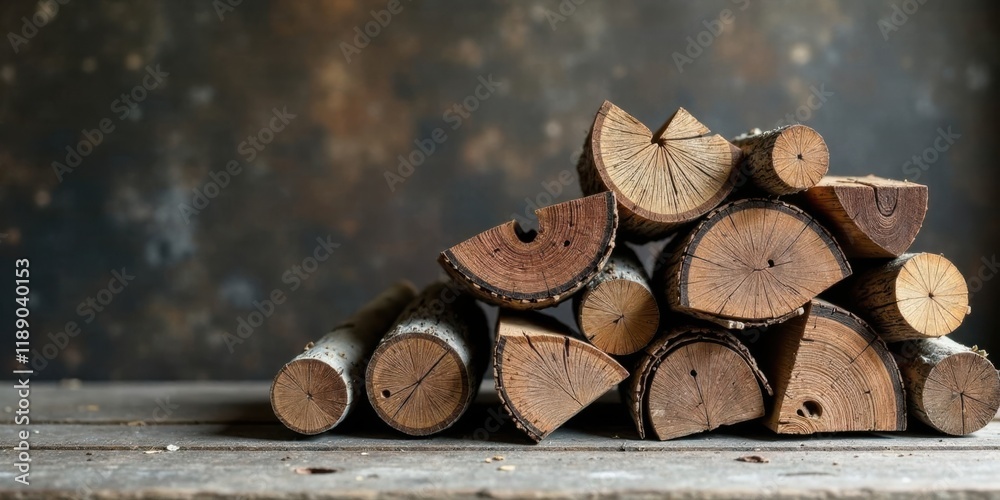 Poster a rustic pile of neatly stacked firewood logs rests on a weathered wooden surface against a dark, te