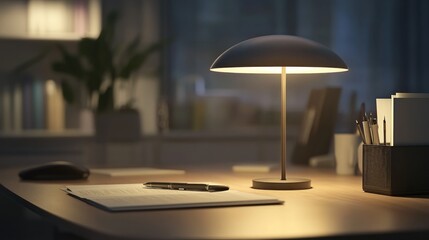 Obraz premium Desk lamp illuminates workspace at night; papers, pen, and supplies nearby.