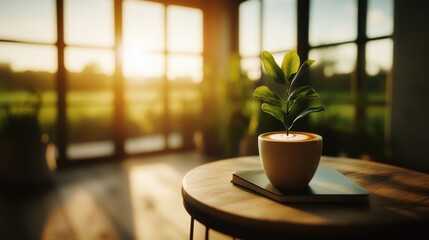 Sunset illuminates plant in coffee cup on wooden table.