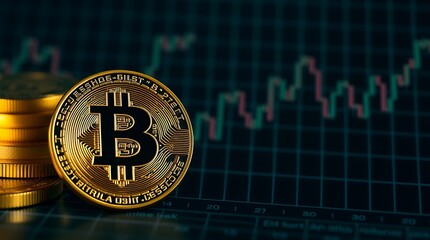 Bitcoin Cryptocurrency Coin on Financial Chart Background with Rising Candlestick Graphs - Digital Currency Investment Concept