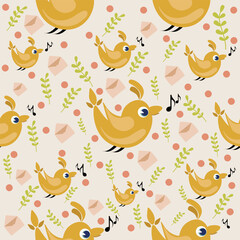 Seamless Cute Bird Pattern with Musical Notes and Floral Elements