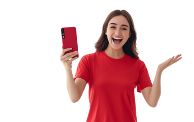 Excited woman in a red T shirt holding a smartphone horizontally, smiling brightly and radiating joy, with a clean white background.

