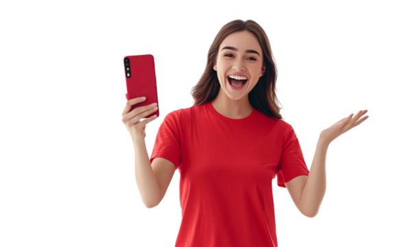 Excited woman in a red T shirt holding a smartphone horizontally, smiling brightly and radiating joy, with a clean white background.

