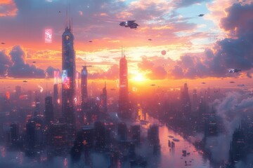 Fototapeta premium futuristic metropolis skyline with glass and steel skyscrapers reflecting sunset colors flying vehicles and holographic advertisements