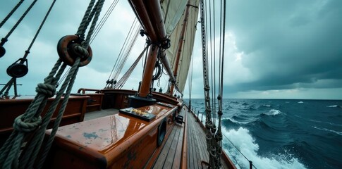 Obraz premium Ropes and pulleys on a full rigged mast during a storm, turbulence, rigging