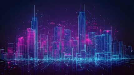 Fototapeta premium Futuristic cityscape on a dark background.A glowing wireframe modern cityscape at night. futuristic urban planning, smart cities, or digital city models. integration of nature with modern architecture