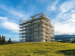 a building under construction with scaffolding is in a field