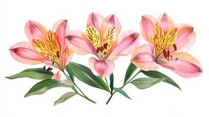 Fototapeta premium watercolor of three pink and yellow flowers with green leaves on a white background