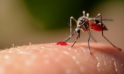 Fototapeta premium A hyper-realistic close-up of a mosquito sucking blood indistinguishable from a real photograph