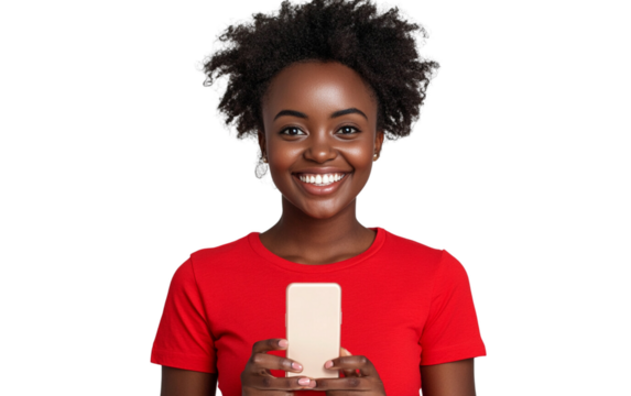 Excited woman in a red T shirt holding a smartphone horizontally, smiling brightly and radiating joy, with a clean white background.

 - Powered by Adobe