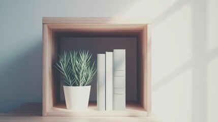 Minimalist wooden shelf with plant and books in sunlight.