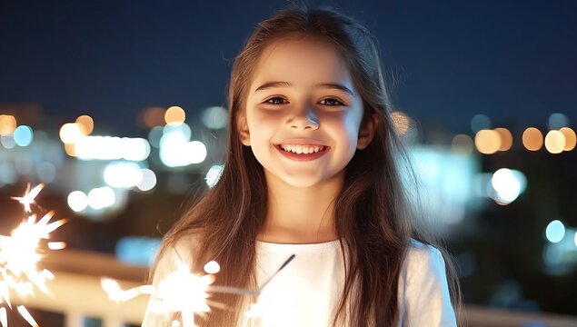 Smiling Girl Holding Sparklers on a Balcony at Night, City Lights in the Background