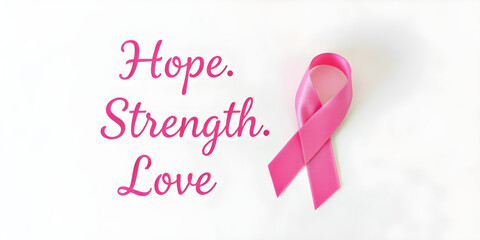 A pink ribbon on a white background, with the text "Hope, Strength, Love"