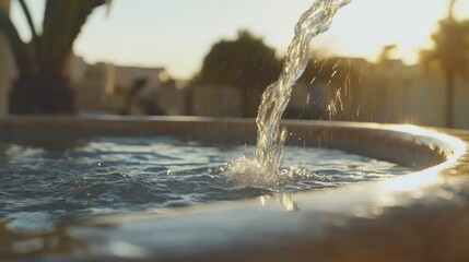 Sunlit water pouring into a hot tub at sunset.