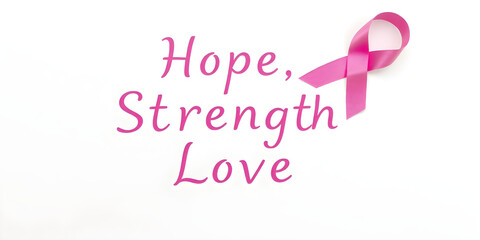 A pink ribbon on a white background, with the text "Hope, Strength, Love"