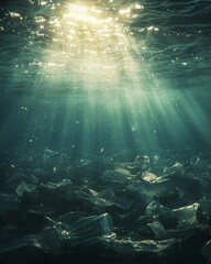 Obraz premium Underwater scene of plastic pollution in the ocean, floating debris like bottles and bags, shimmering light filtering through the water, highlighting the environmental problem