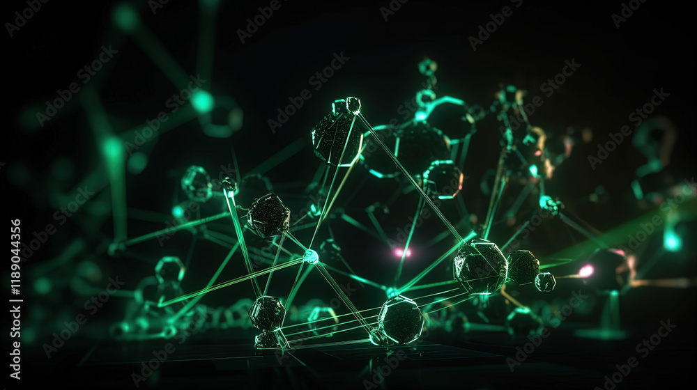 Poster abstract light streaks in a dynamic digital space with glowing green elements
