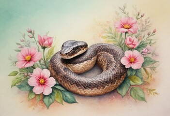 A snake rests coiled amidst pink flowers and greenery with a serene, artistic backdrop.