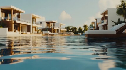 Obraz premium Luxury resort poolside villas with sunbeds, reflecting sunlight on calm water.