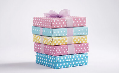 Colorful polka dot gift boxes stacked with ribbons