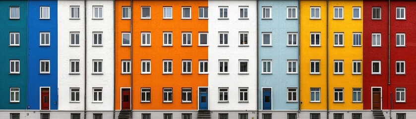 Fototapeta premium Vibrant Colorful Facade of Apartment Buildings in Urban Neighborhood Displaying Modern Architecture