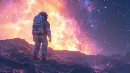 3D Illustration - Astronaut Exploring Alien Planet Landscape Under a Colorful Nebula