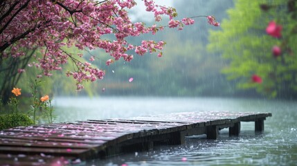 The artistic conception of the small cherry blossom bridge in the rain
