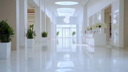 Obraz premium Bright, spacious white hallway with plants and displays.