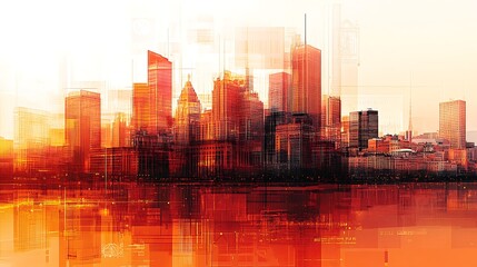 Obraz premium Abstract Urban Skyline with Central Bank Symbols and Warm Tones