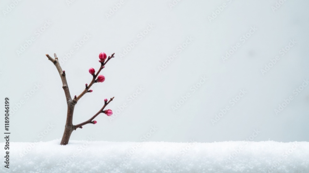 Poster Delicate pink buds on a slender branch emerge from a pristine layer of snow against a muted backdrop.