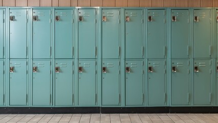 Fototapeta premium Metal lockers, school hallway, institutional green, weathered paint, rows of lockers, combination locks, industrial design, retro aesthetic, vintage school, institutional interior, storage units, nost
