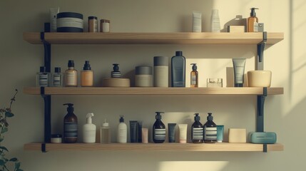 Sunlit wooden shelves display an organized collection of various skincare and haircare products in minimalist style.