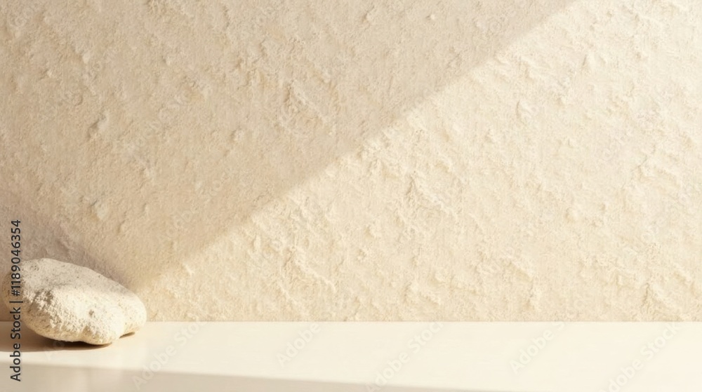 Poster cream-colored textured wall background with a single light-colored stone resting on a white surface 