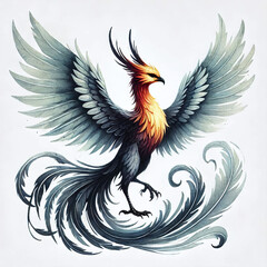 Obraz premium Majestic mythical blue phoenix bird with elaborate feathers, strong talons, and powerful wings, watercolor clipart illustration. Generative AI.