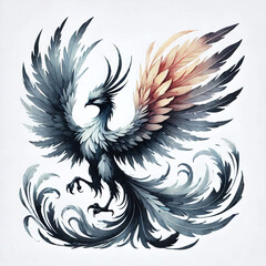 Obraz premium Majestic mythical blue phoenix bird with elaborate feathers, strong talons, and powerful wings, watercolor clipart illustration. Generative AI.