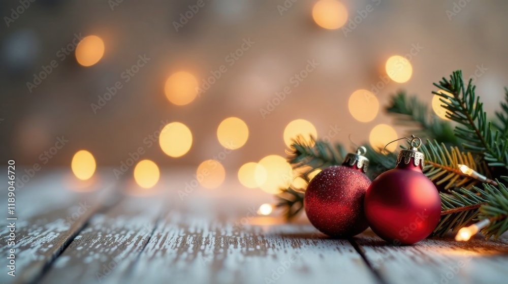 Poster Festive Red Ornaments Resting on Rustic Wooden Surface with Warm Bokeh Lights and Evergreen Branch