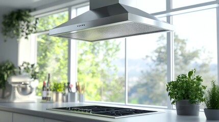 Fototapeta premium Modern stainless steel range hood above gas stove in bright kitchen with window view.