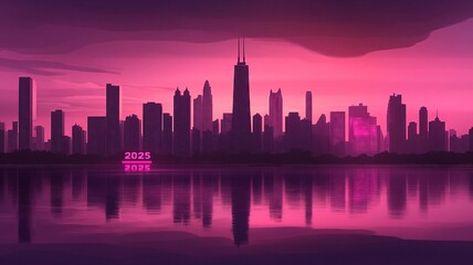 Obraz premium A vibrant city skyline at sunset, reflecting on water, with futuristic vibe for 2025