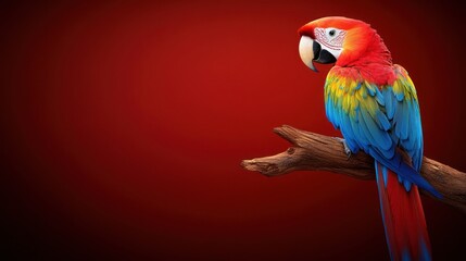 Obraz premium Scarlet macaw perched on a branch against a red background.