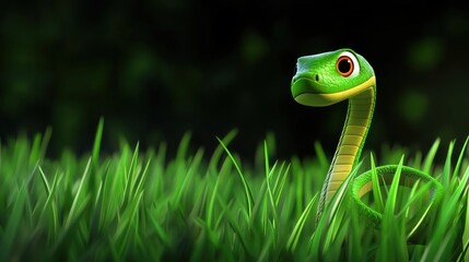 Adorable cartoon green snake peeking from tall grass in dark background.