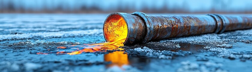 Rusty Pipe Leaking Orange Liquid on Icy Surface with Blue Background during Winter Twilight
